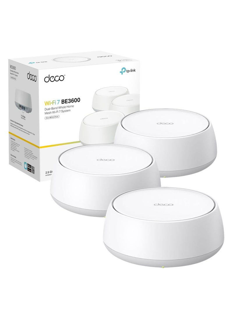 تي بي لينك - نظام Deco BE25 BE3600 Whole Home Mesh WiFi 7، بسرعة 688 ميجابت في الثانية بتردد 2.4 جيجاهرتز + 2882 ميجابت في الثانية بتردد 5 جيجاهرتز، منفذان بسرعة 2.5 جيجابت، تطبيق Deco، HomeShield، AI Mesh، MLO، Alexa وGoogle Assistant، عبوة من 3 قطع - Image 1