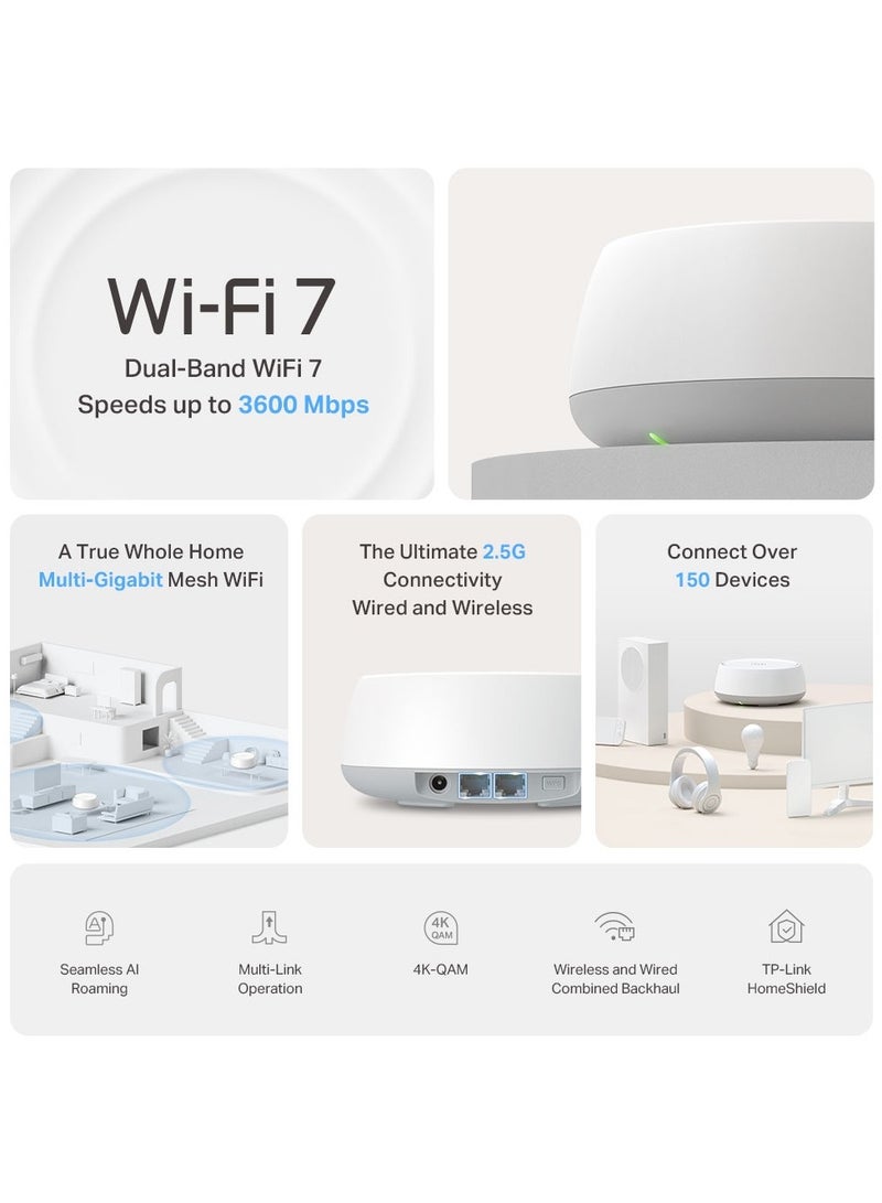 تي بي لينك - نظام Deco BE25 BE3600 Whole Home Mesh WiFi 7، بسرعة 688 ميجابت في الثانية بتردد 2.4 جيجاهرتز + 2882 ميجابت في الثانية بتردد 5 جيجاهرتز، منفذان بسرعة 2.5 جيجابت، تطبيق Deco، HomeShield، AI Mesh، MLO، Alexa وGoogle Assistant، عبوة من 3 قطع - Image 1