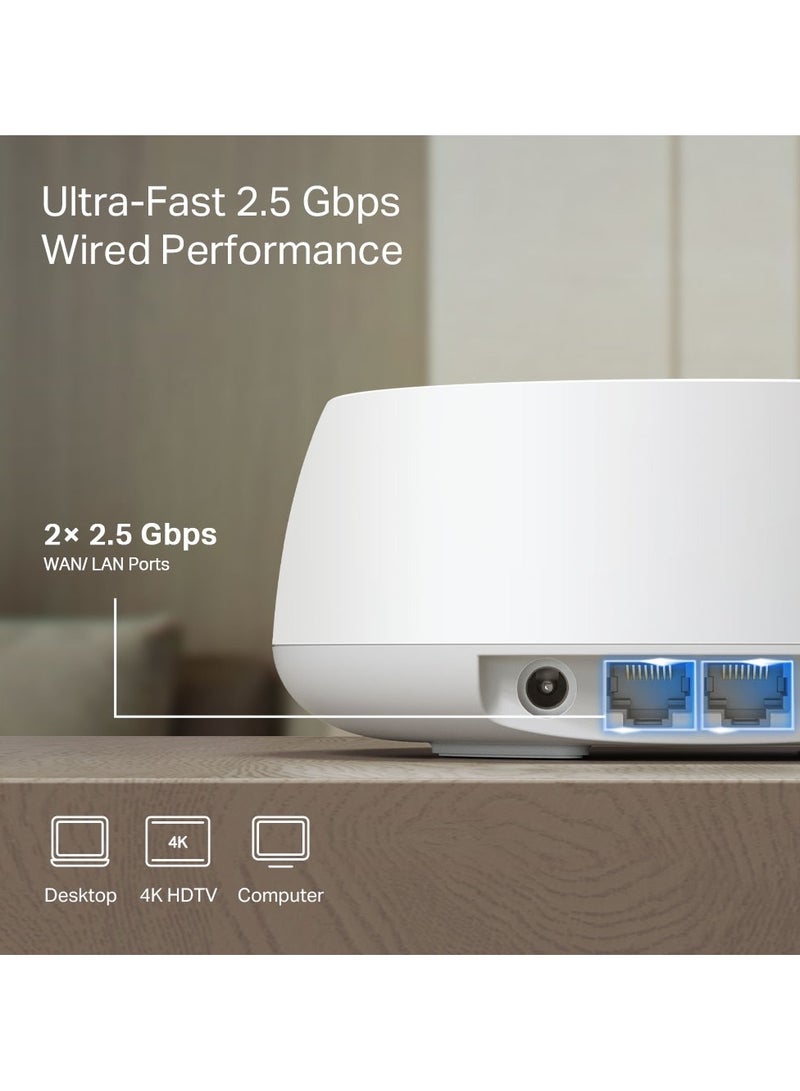 تي بي لينك - نظام Deco BE25 BE3600 Whole Home Mesh WiFi 7، بسرعة 688 ميجابت في الثانية بتردد 2.4 جيجاهرتز + 2882 ميجابت في الثانية بتردد 5 جيجاهرتز، منفذان بسرعة 2.5 جيجابت، تطبيق Deco، HomeShield، AI Mesh، MLO، Alexa وGoogle Assistant، عبوة من 3 قطع - Image 1