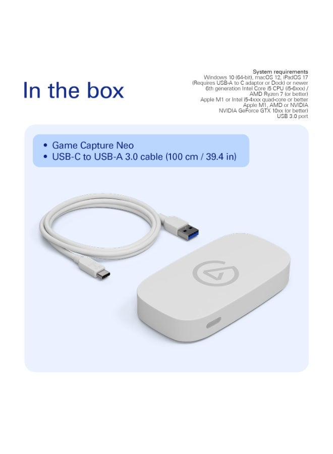 elgato - Game Capture Neo 4K60 Hdr Usb Passthrough, 1080P60 Capture For Ps4/Ps5/Xbox/Switch/Iphone Capture To Laptop, Pc, Mac, Ipad, White - Image 1
