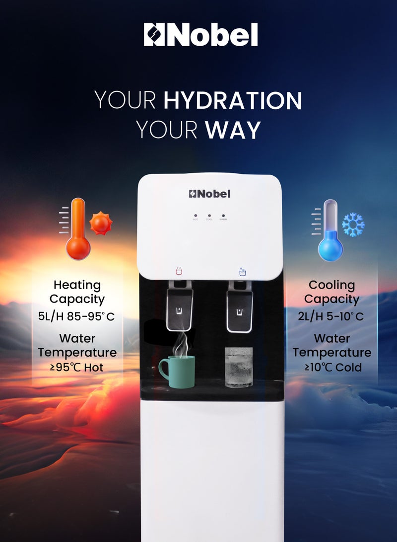 Nobel Freestanding Water Dispenser With Hot And Cold Taps, Integrated Storage Cabinet, Efficient Cooling and Heating Capabilities, R134a Compressor 620W NWD1600 White - Image 3