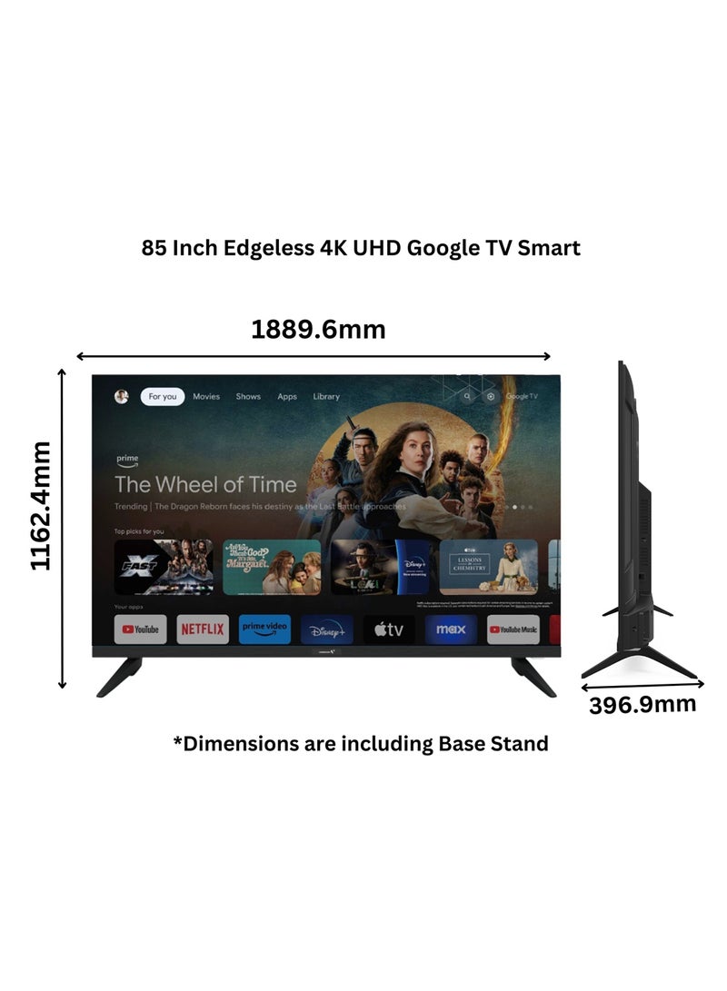 VIDEOCON 85 Inch Edgeless 4K UHD Official Google Tv With "Hey Google" Voice Remote, Bluetooth, Dolby Audio, A+ Grade Panel And Free Wall Bracket- 2024 New Model E85ELGT1100 Black  - Image 3