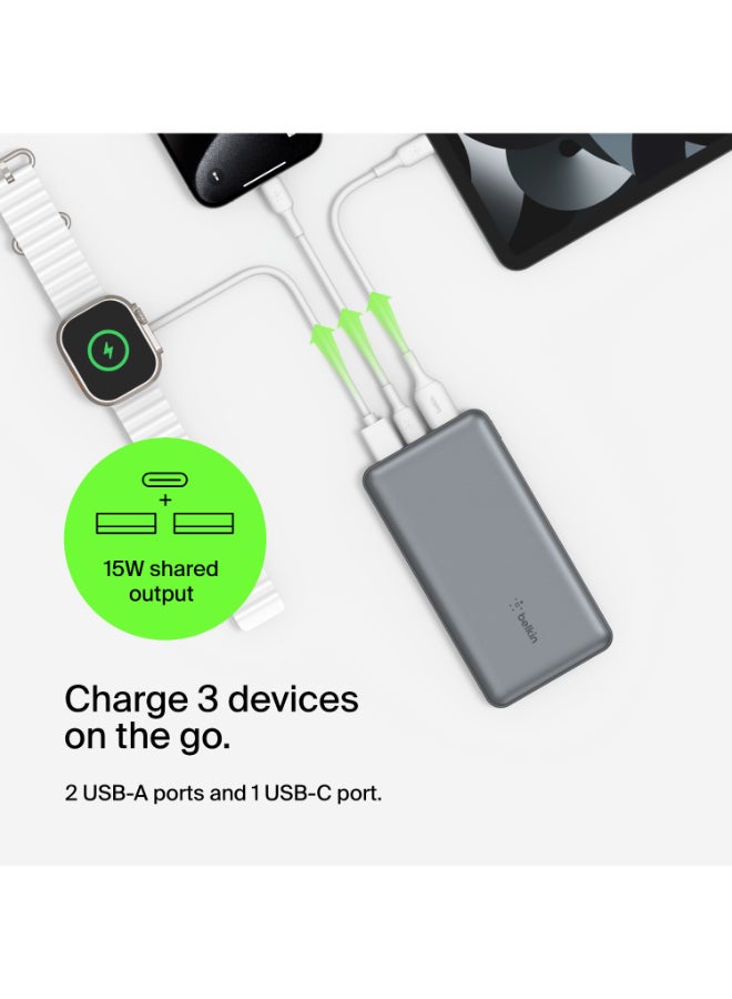 belkin 10000 mAh BoostCharge Power Bank - 15W Fast Charger 1x USB C, 2x USB A ports For Apple iPhone 16/15 Or Older, Google, Samsung, Huawei, iPad Pro/iPad Mini - Grey - Image 2