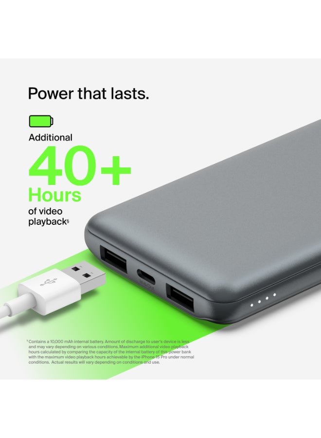 belkin 10000 mAh BoostCharge Power Bank - 15W Fast Charger 1x USB C, 2x USB A ports For Apple iPhone 16/15 Or Older, Google, Samsung, Huawei, iPad Pro/iPad Mini - Grey - Image 3