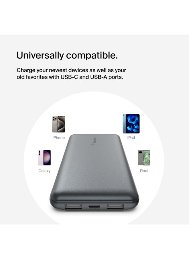 belkin 10000 mAh BoostCharge Power Bank - 15W Fast Charger 1x USB C, 2x USB A ports For Apple iPhone 16/15 Or Older, Google, Samsung, Huawei, iPad Pro/iPad Mini - Grey - Image 4