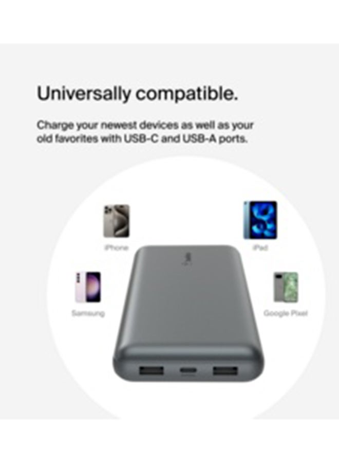 belkin 20000 mAh BoostCharge 3-Port 20K Power Bank With USB-C 15W, Dual USB-A, 15cm USB-A to USB-C Cable,for Apple iPhone 16 Or Older, Google, Samsung, Huawei - Grey - Image 4