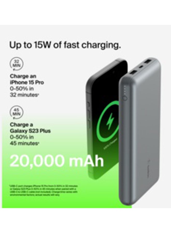 belkin 20000 mAh BoostCharge 3-Port 20K Power Bank With USB-C 15W, Dual USB-A, 15cm USB-A to USB-C Cable,for Apple iPhone 16 Or Older, Google, Samsung, Huawei - Grey - Image 5