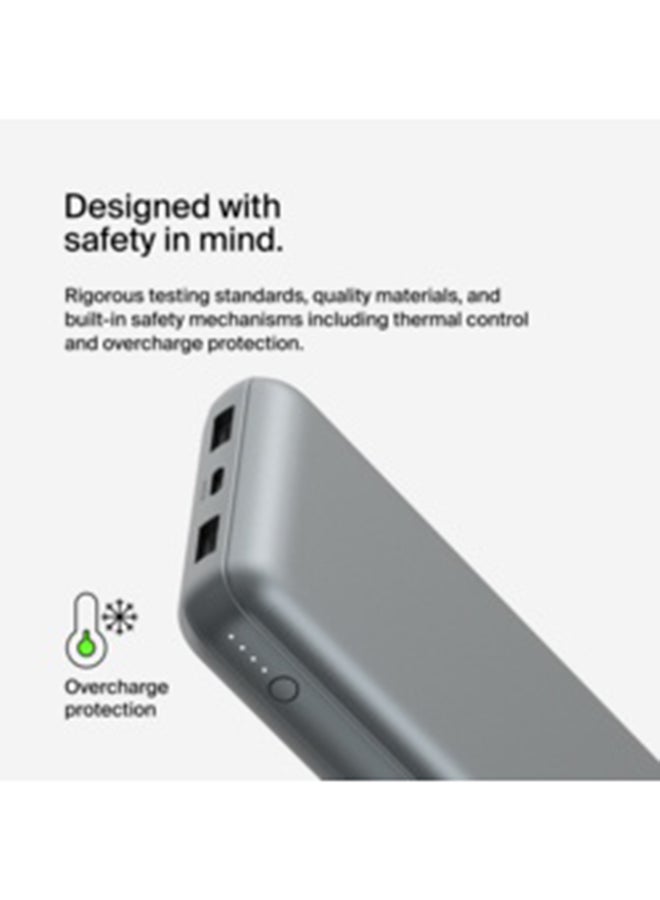 belkin 20000 mAh BoostCharge 3-Port 20K Power Bank With USB-C 15W, Dual USB-A, 15cm USB-A to USB-C Cable,for Apple iPhone 16 Or Older, Google, Samsung, Huawei - Grey - Image 3