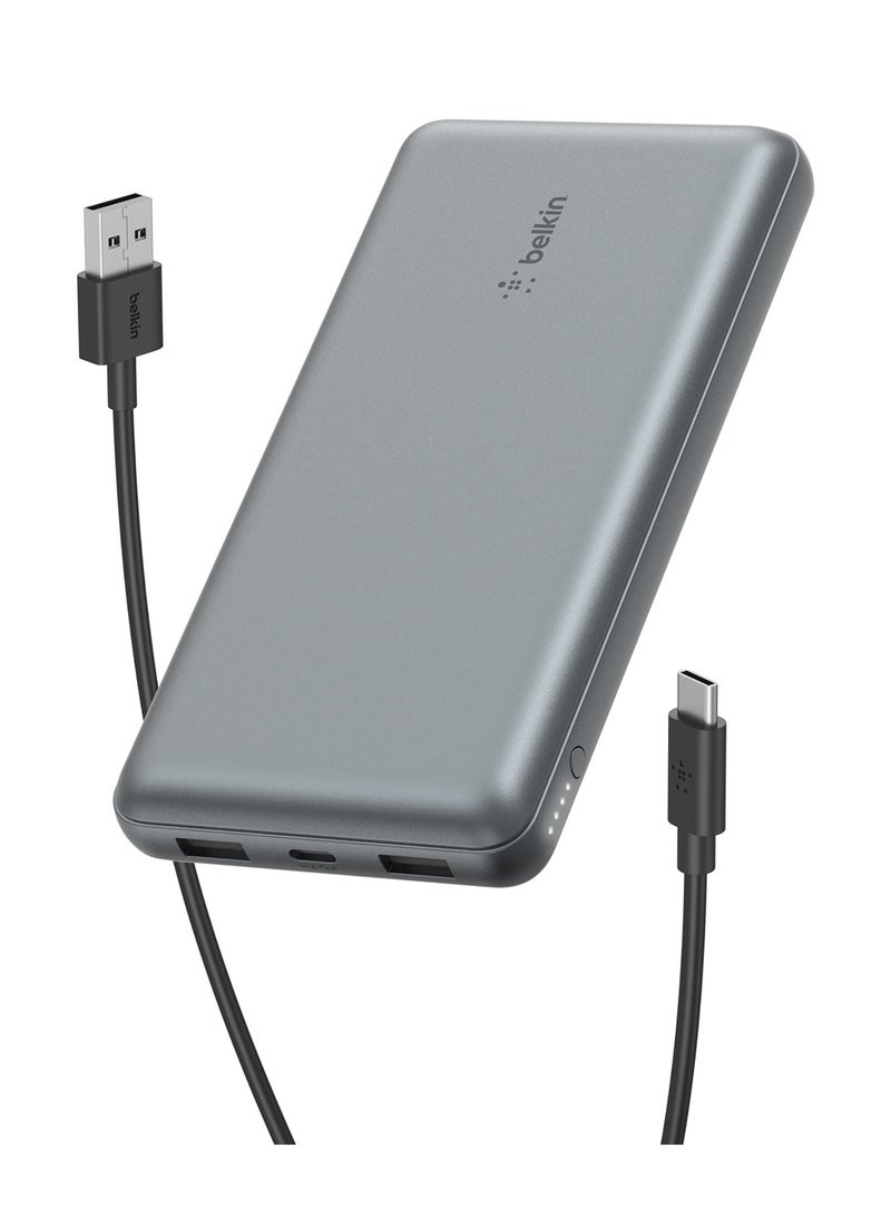 belkin 20000 mAh BoostCharge 3-Port 20K Power Bank With USB-C 15W, Dual USB-A, 15cm USB-A to USB-C Cable,for Apple iPhone 16 Or Older, Google, Samsung, Huawei - Grey - Image 1