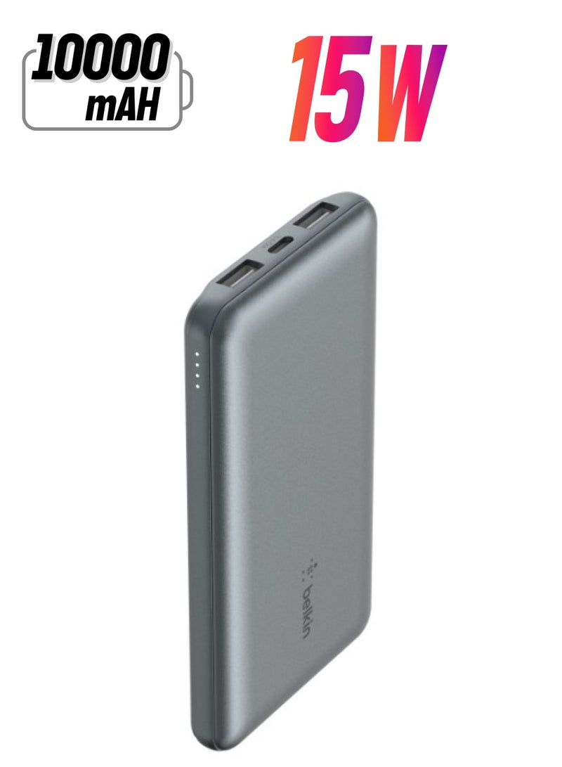 belkin 10000 mAh BoostCharge Pro Power Bank 10K - Battery Pack w/ USB-C & USB-A Ports, 15Watts Output Power, Portable Charger for iPhone 15, 14, 13, 12, iPad Pro, Galaxy S24, S24 Ultra, S24+ Space Grey  - Image 1