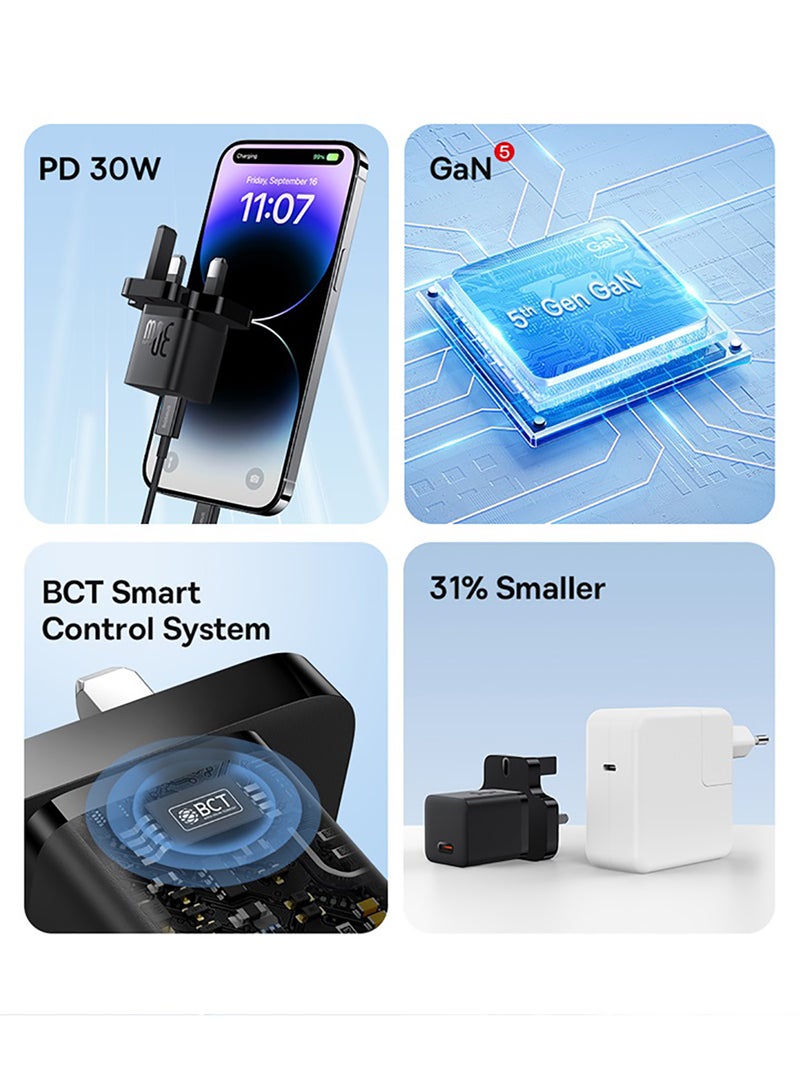 Baseus GaN5 Fast Charger(mini) 1C 30W UK Cluster Black - Image 2
