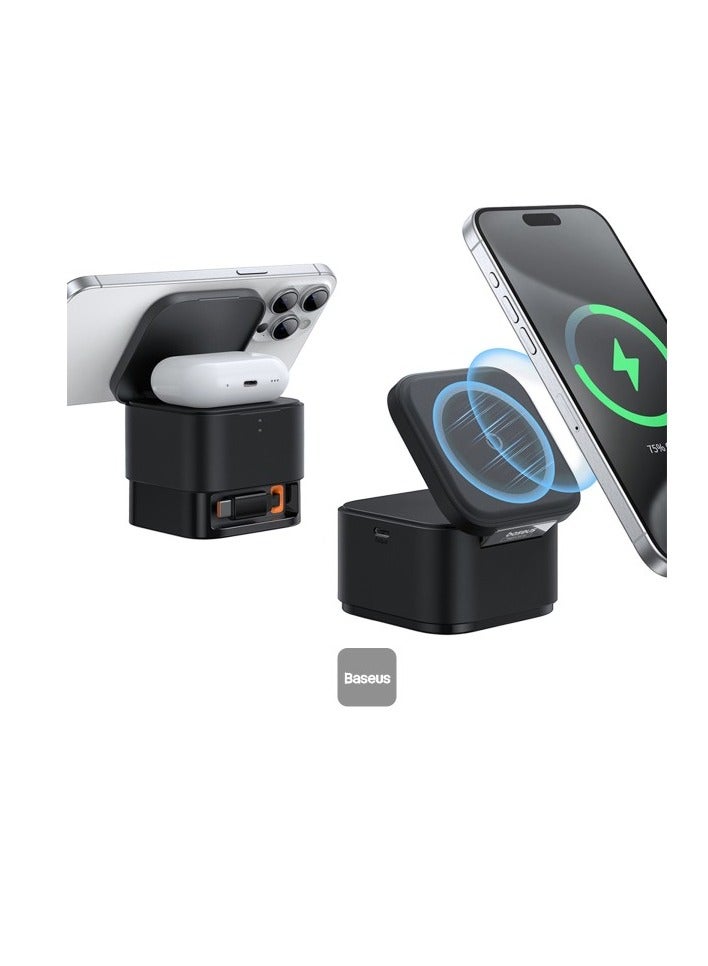 بيسوس شاحن لاسلكي مغناطيسي 2 في 1 من ماج برو | حامل شاحن سريع بقوة 25 وات لهاتف آيفون وسماعات إيربودز مع مخرج USB-C لشاحن iWatch - Image 1