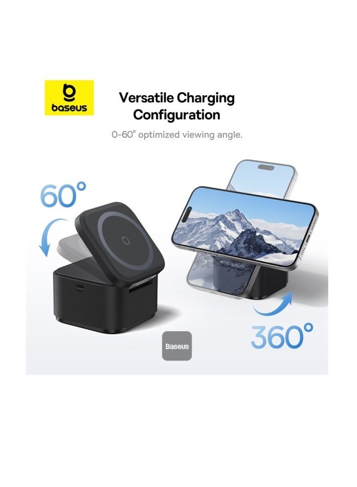 بيسوس شاحن لاسلكي مغناطيسي 2 في 1 من ماج برو | حامل شاحن سريع بقوة 25 وات لهاتف آيفون وسماعات إيربودز مع مخرج USB-C لشاحن iWatch - Image 2
