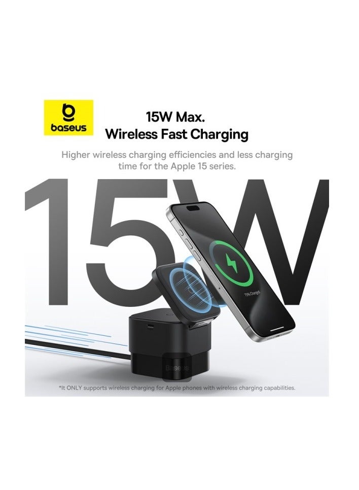 بيسوس شاحن لاسلكي مغناطيسي 2 في 1 من ماج برو | حامل شاحن سريع بقوة 25 وات لهاتف آيفون وسماعات إيربودز مع مخرج USB-C لشاحن iWatch - Image 4