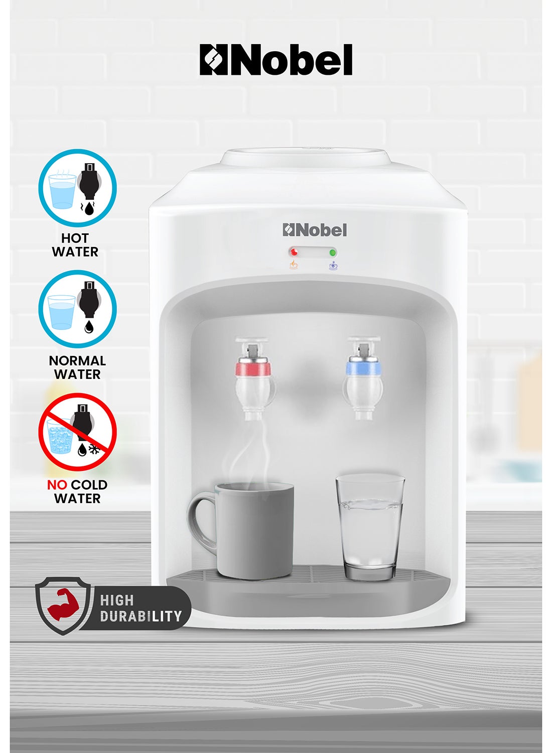 Nobel Table Top Water Dispenser With Hot & Normal Functions, 0.6L Hot Tank Capacity, Ergonomic Taps, Indicator Lights, And On-Off Power Switch NWD565 White 