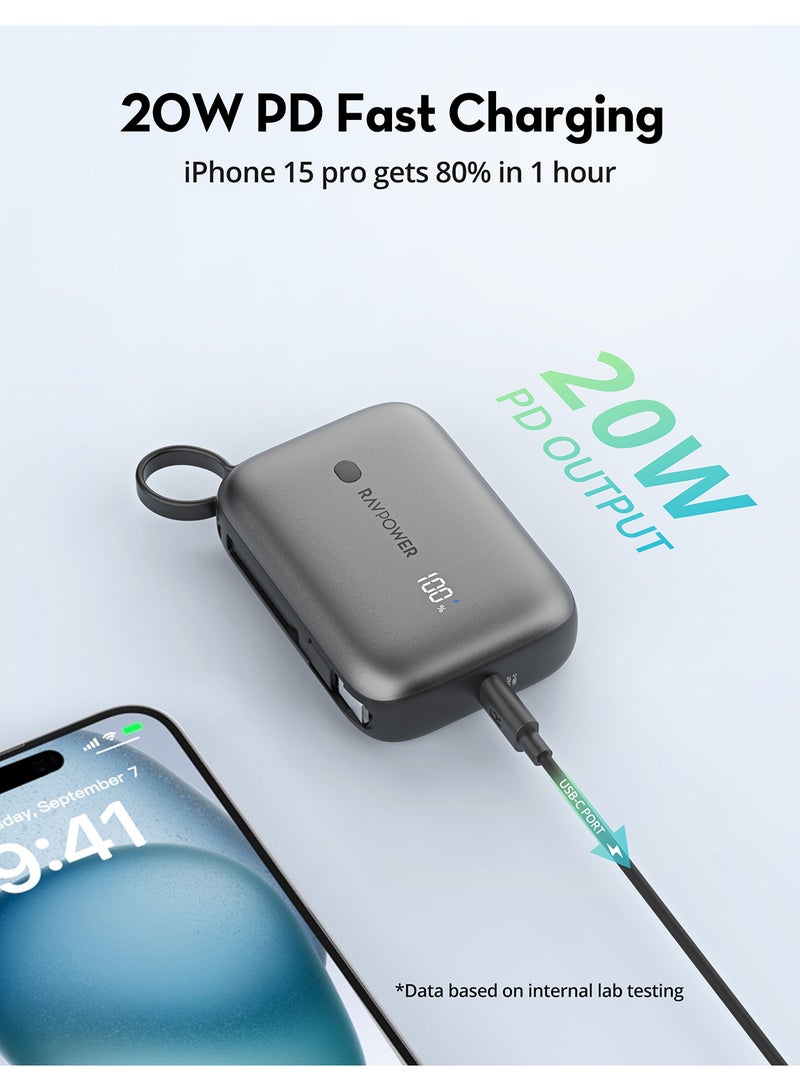 RAVPOWER 10000 mAh PD20W Power Bank Build-In Type-C Cable Grey  - Image 2