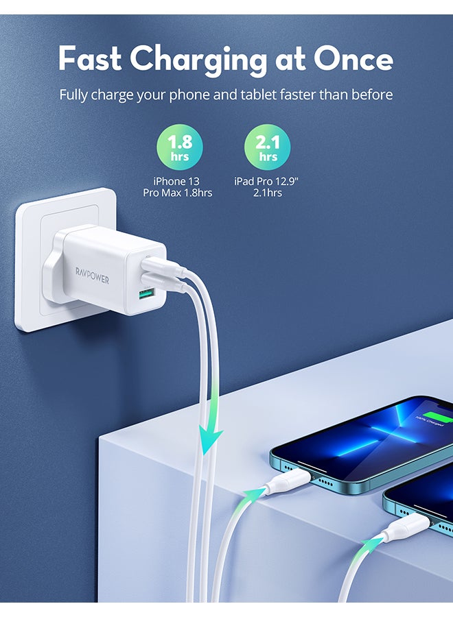 RAVPOWER - RP-PC172 PD Pioneer 65W 3-Port Wall Charger UK White - Image 1