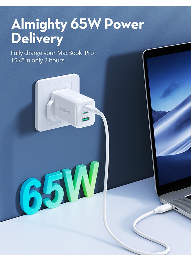 RAVPOWER - RP-PC172 PD Pioneer 65W 3-Port Wall Charger UK White - Image 1