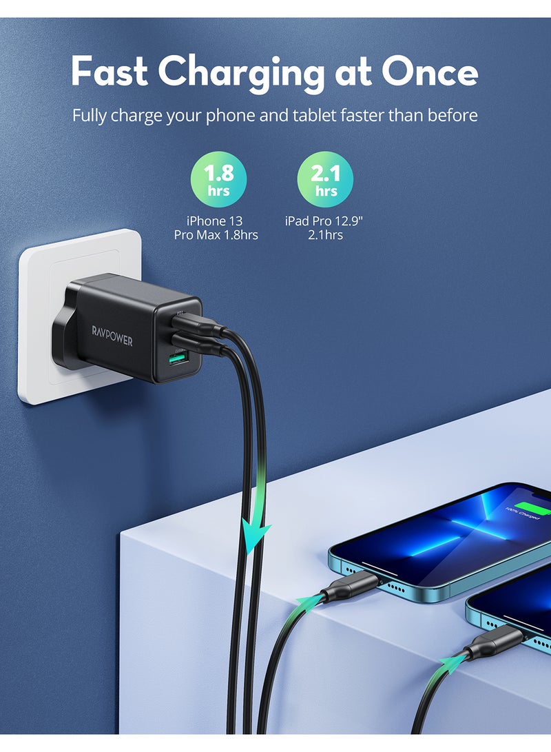RAVPOWER - RP-PC172 PD Pioneer 65W 3-Port Wall Charger UK Black - Image 1