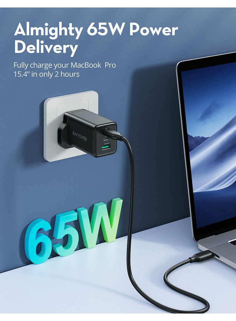 RAVPOWER - RP-PC172 PD Pioneer 65W 3-Port Wall Charger UK Black - Image 1