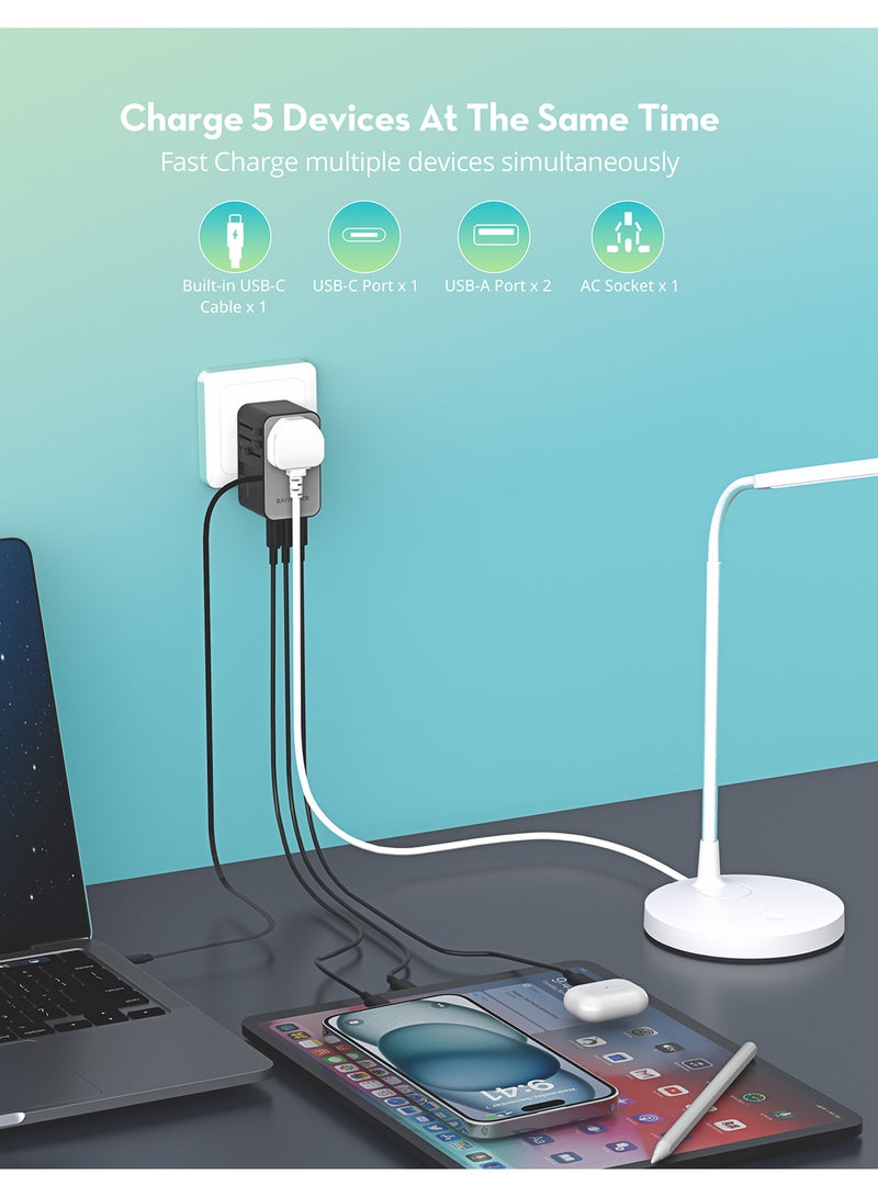 RAVPOWER 30 mAh RP-PC1061 PD70W 5-in-1 Travel Charger Built-C Cable Black  - Image 2