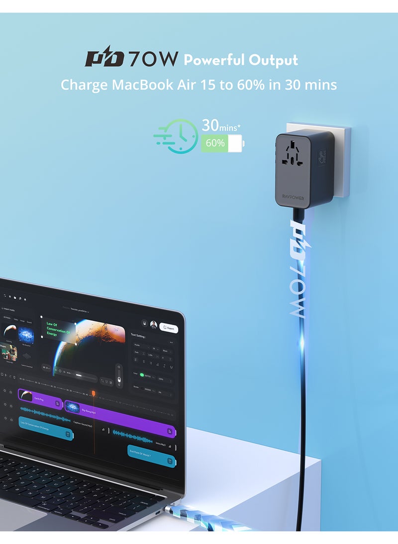 RAVPOWER 30 mAh RP-PC1061 PD70W 5-in-1 Travel Charger Built-C Cable Black  - Image 5