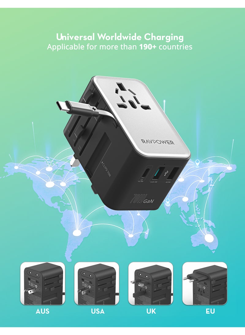 RAVPOWER 30 mAh RP-PC1061 PD70W 5-in-1 Travel Charger Built-C Cable Black  - Image 3
