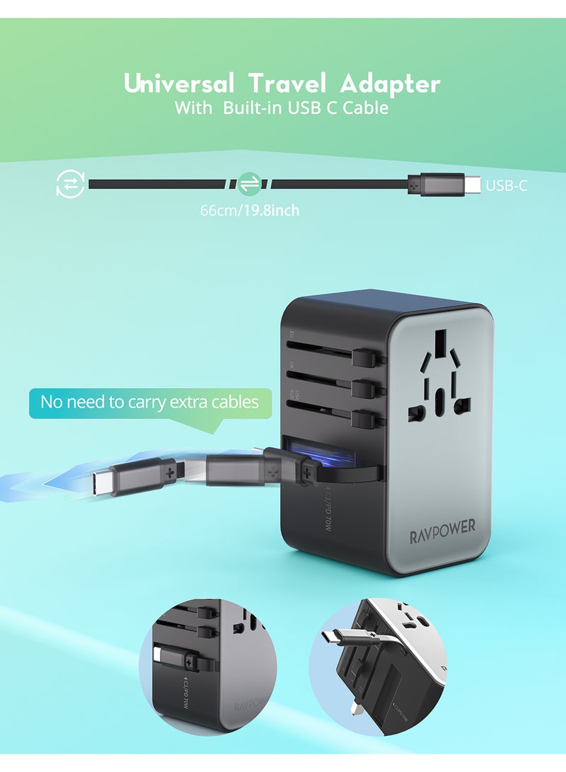 RAVPOWER 30 mAh RP-PC1061 PD70W 5-in-1 Travel Charger Built-C Cable Black  - Image 4