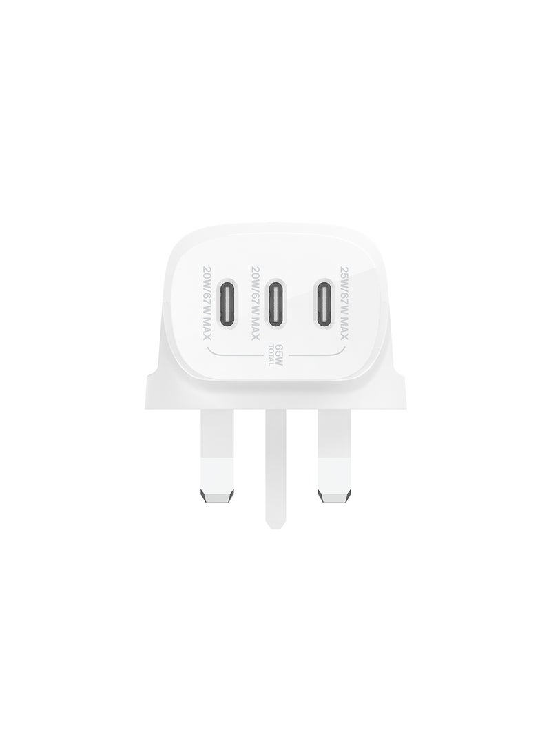 belkin 67W Triple USB-C Ports PD Wall Charger With PPS (25W+20W+20W), 67W Max When Any Port Used Alone White