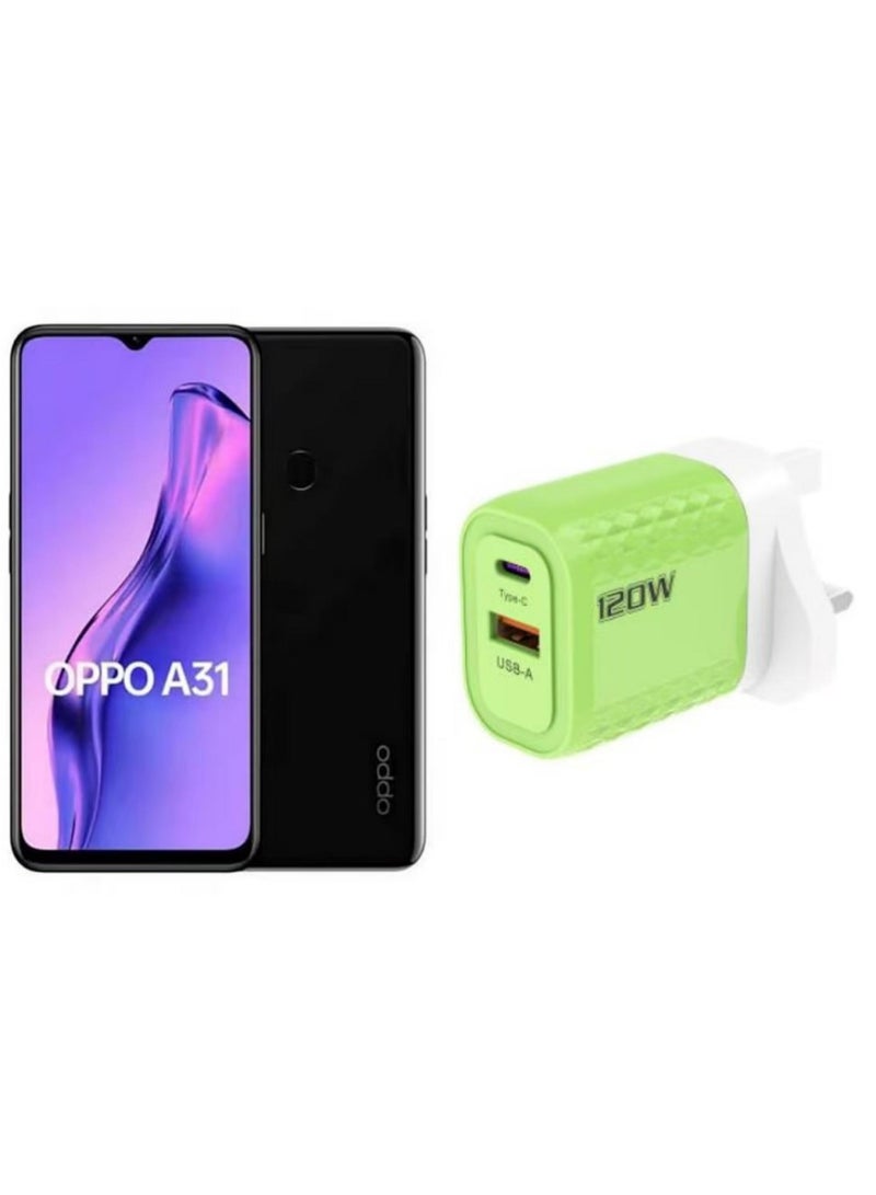 أوبو هاتف A31 ثنائي الشريحة باللون الأسود الغامض وذاكرة وصول عشوائي بسعة 6 جيجابايت وذاكرة داخلية سعة 128 جيجابايت وشبكة 4G LTE + حزمة هدايا مجانية وشاحن عالي الطاقة من النوع C وUSB-A - Image 1