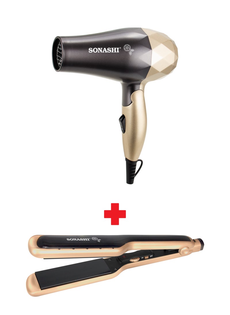 سوناشي - Combo Of Compact Foldable Travel Hair Dryer Gold 1000W With Ceramic Wet And Dry Hair Straightener Gold Shd-5008 + Shs-2059 Bundle Gold - Image 1