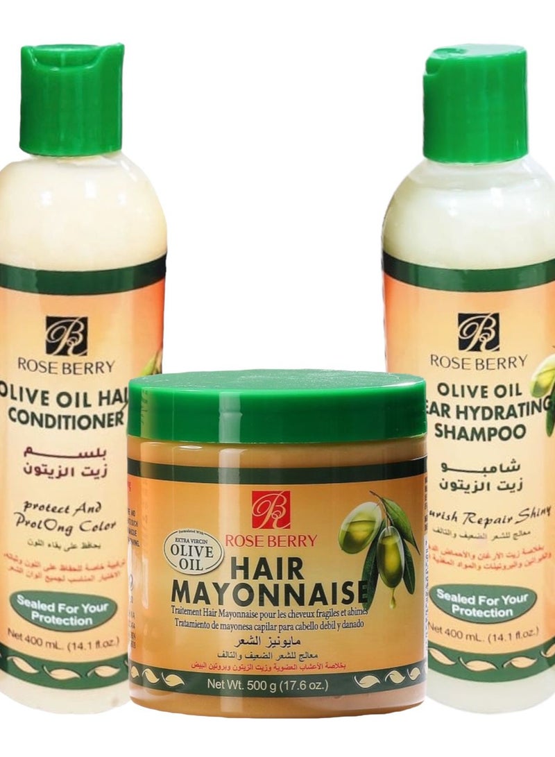 ROSE BERRY 3 Pcs Olive Oil Clear Hydrating Shampoo + Conditioner + Hair Mayonnaise  - Image 2