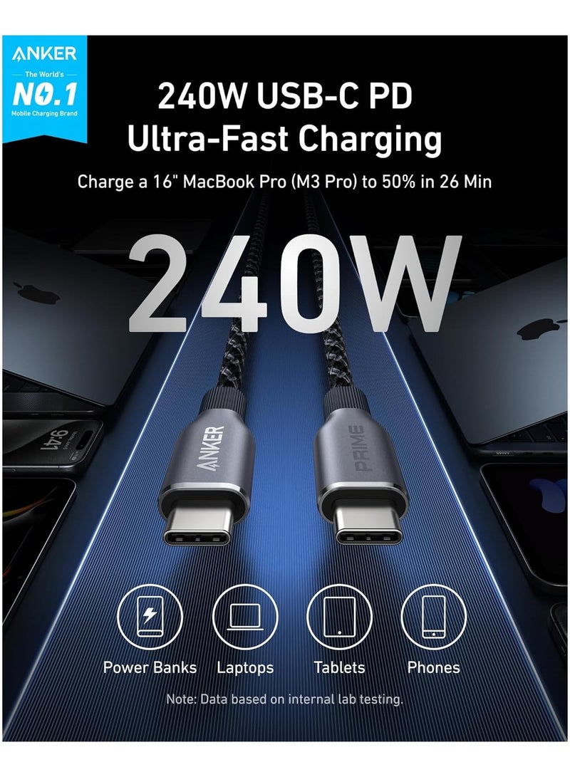 آنكر Prime USB C to USB C Cable, 240W 6 ft Fast Charging USBC Cable, Upcycled-Braided Nylon with High Durability, USB 2.0 Cable for iPhone 16/15 Series, MacBook, iPad, Samsung, Huawei, Xiaomi, Vivo Black  - Image 2