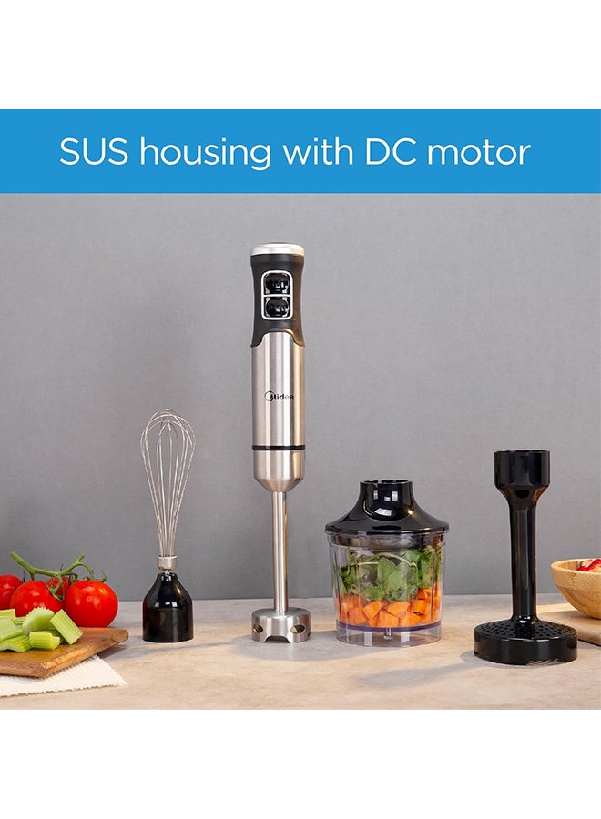 مديا 1000W Hand Blender With DC Motor, Stainless Steel Wander, Multi-functional For Whisking - Chopping - Mashing, Variable Speed For Turbo & Stepless, 1L Chopper Bowl, 600ml Beaker - MJ-BH1001W Silver/Black  - Image 4