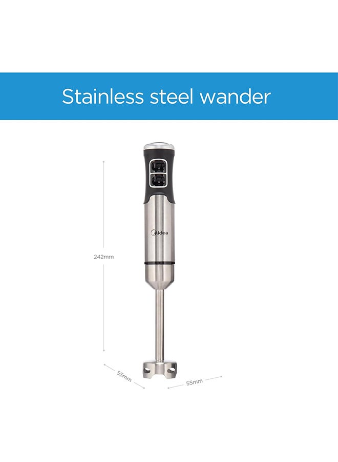 مديا 1000W Hand Blender With DC Motor, Stainless Steel Wander, Multi-functional For Whisking - Chopping - Mashing, Variable Speed For Turbo & Stepless, 1L Chopper Bowl, 600ml Beaker - MJ-BH1001W Silver/Black  - Image 2