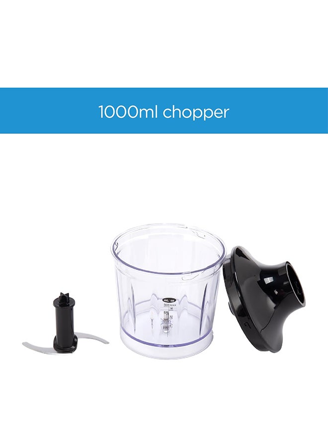 مديا - 1000W Hand Blender With DC Motor, Stainless Steel Wander, Multi-functional For Whisking - Chopping - Mashing, Variable Speed For Turbo & Stepless, 1L Chopper Bowl, 600ml Beaker - MJ-BH1001W Silver/Black - Image 1