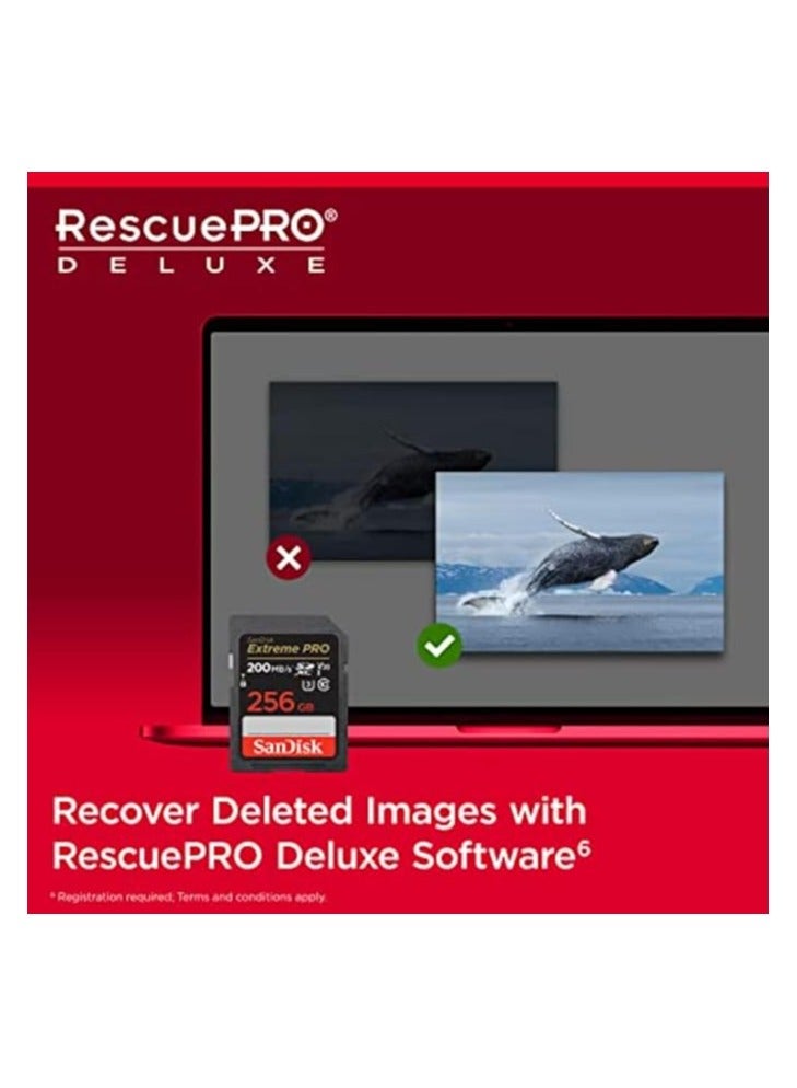 Sandisk Extreme Pro SDXC card + RescuePRO Deluxe, up to 200MB/s, UHS I, Class 10, U3, V30 SDSDXXD 256G GN4IN, Black 256 GB  - Image 3