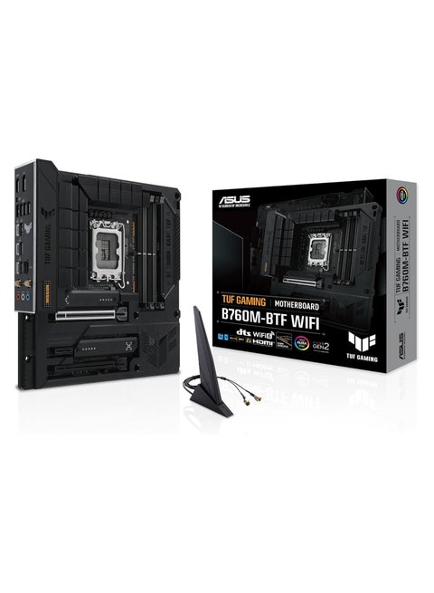 لوحة أم TUF GAMING B760M-BTF WIFI Intel B760 (LGA 1700) mATX مع DDR5، وPCIe 5.0، و3 فتحات PCIe 4.0 M.2، و12+1 DrMOS، وWi-Fi 6، وشبكة LAN بسعة 2.5 جيجابت، وDP، وHDMI، وUSB 3.2 Gen 2x2 Type-C، وتصميم موصل مخفي