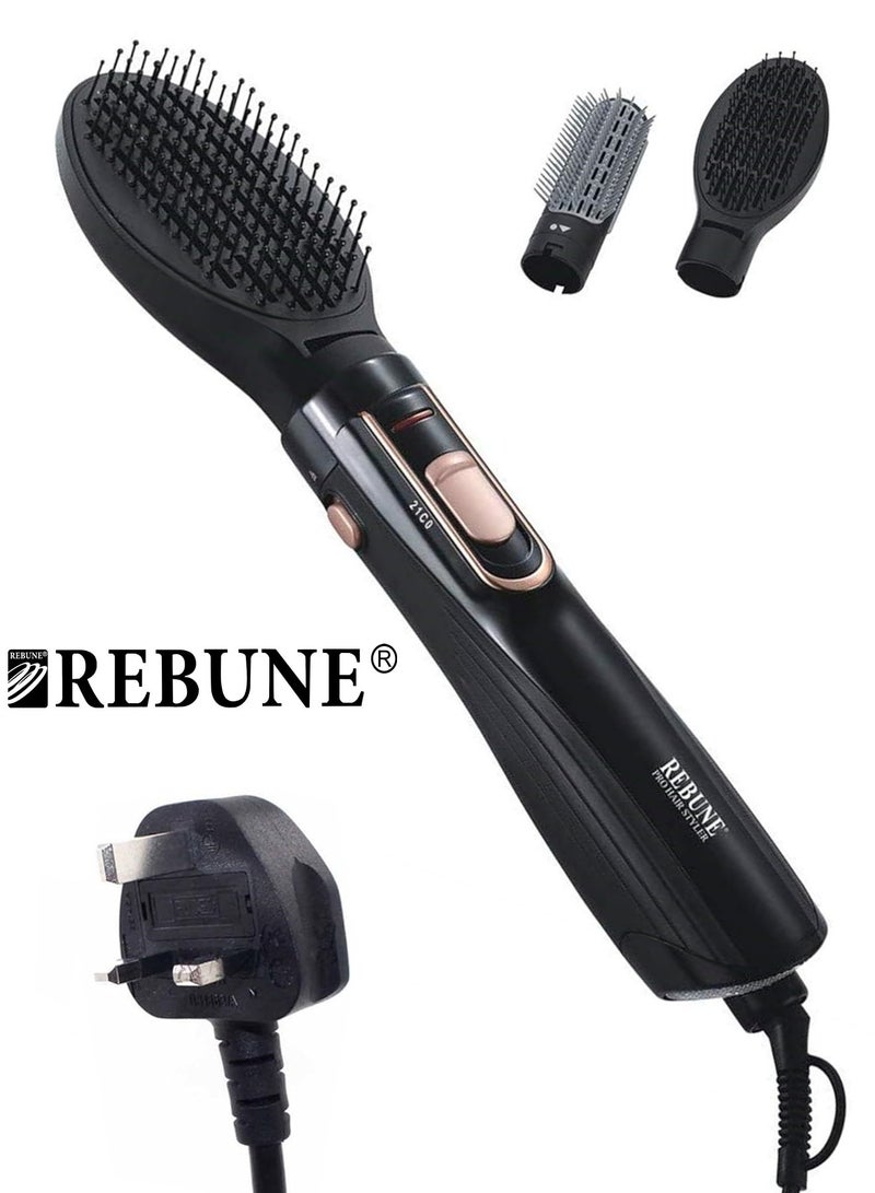 REBUNE RE-2025-2Plus 1200W Hot Air Hair Styler 3 In 1 High-Speed Motor Hair Dryer Brush With 2 Attachments Black/Gold  - Image 1