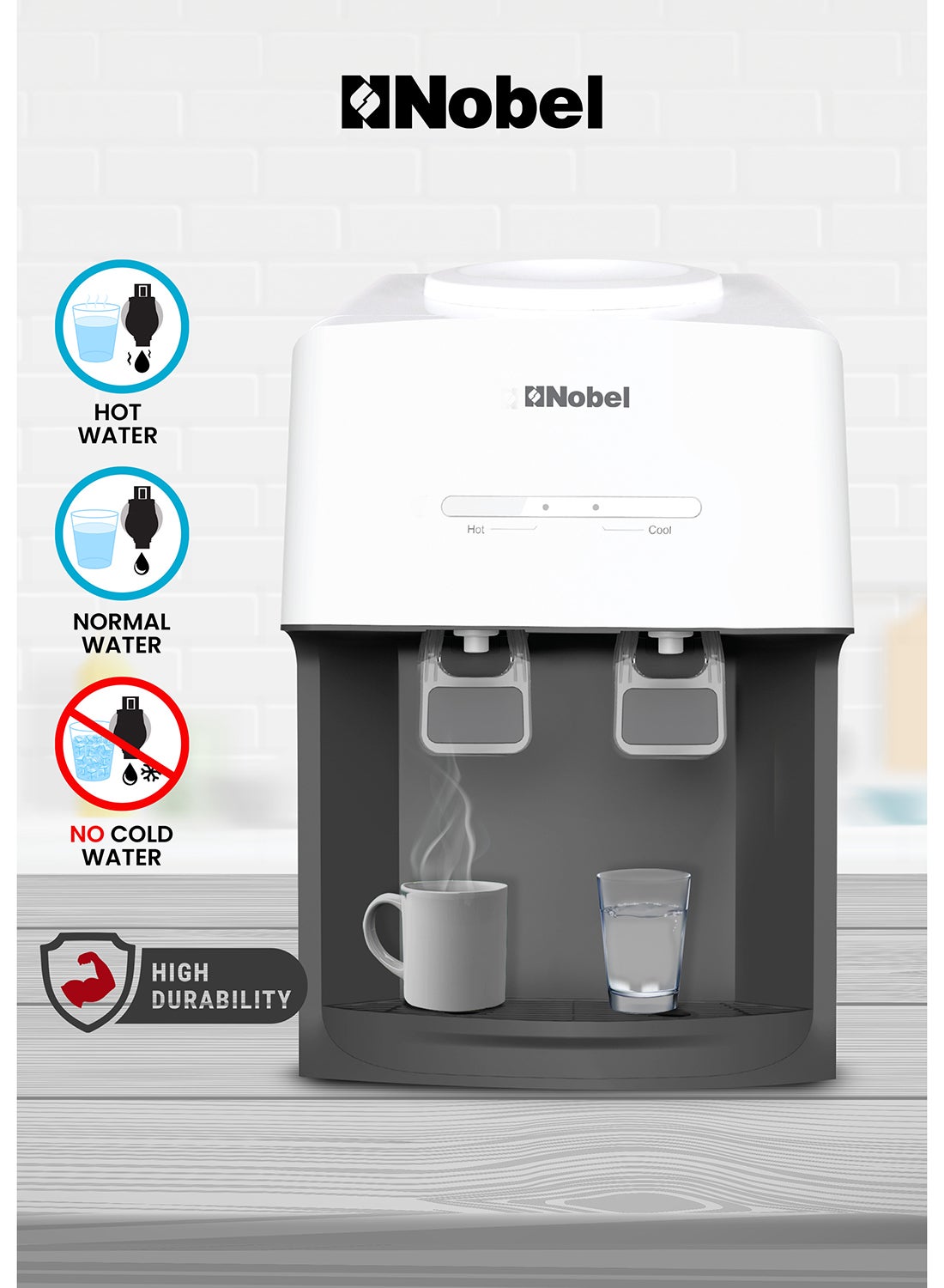 Nobel Tabletop Water Dispenser: Elegant 2-Tap Design With 0.6L Hot Tank, 4.0L/h Heating Capacity, And Ergonomic Features NWD575 White 