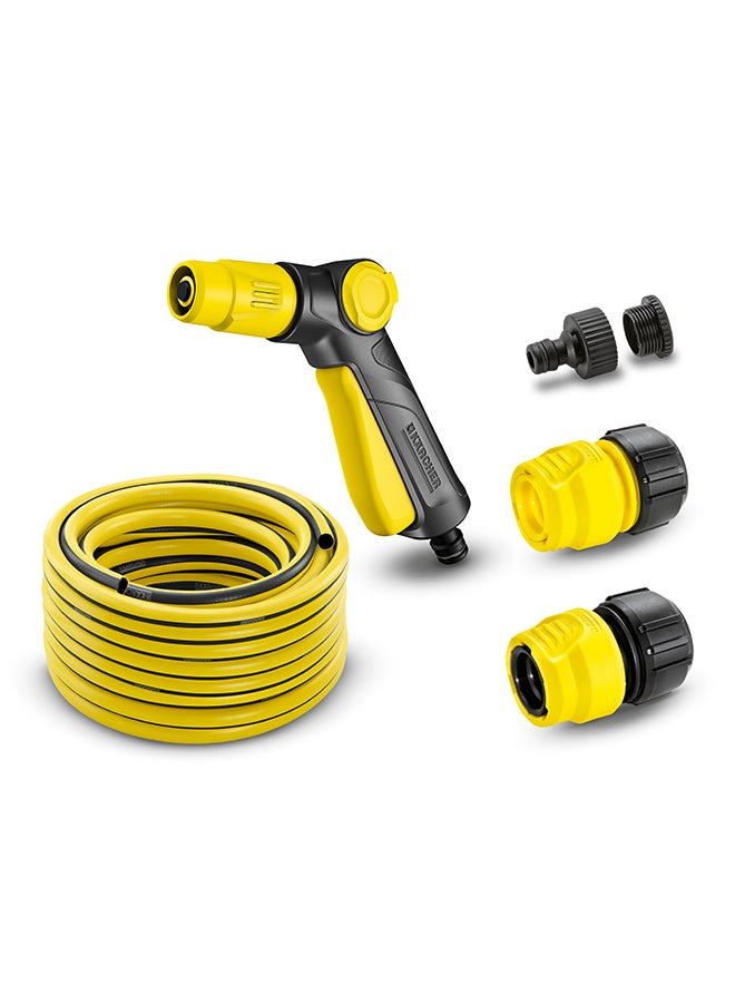 KARCHER Garden Hose Set, 20 meters 1/2" With Spray Gun, G3/4 Brass Tap Adaptor + 2 Universal Connectors Yellow & Black