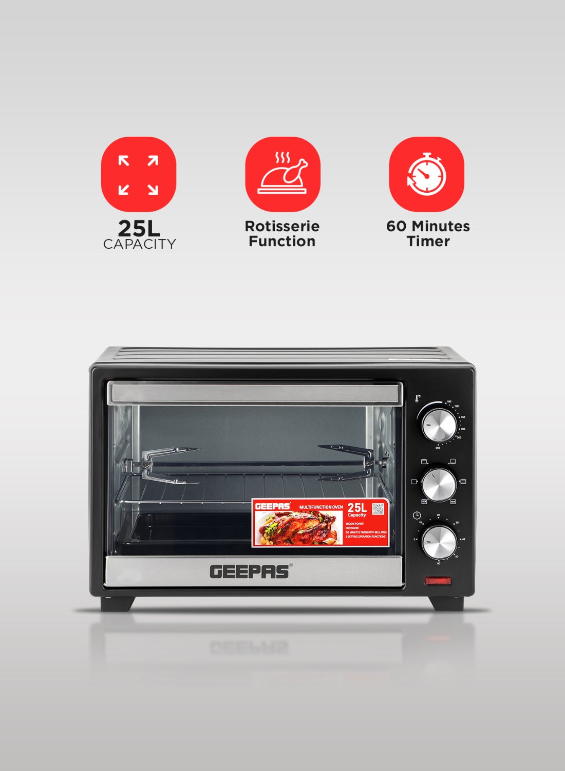 Electric Oven With Rotisserie, 60 Minutes Timer With Bell Ring, 100-250°C Adjustable Temperature, 6 Stages Heating Selector, Power Indicator Light, Accessories:-Food Tray, Tray Handle, Wire Rack, Rotisserie Handle, Rotisserie Fork 25 L 1600 W GO34040 Black 