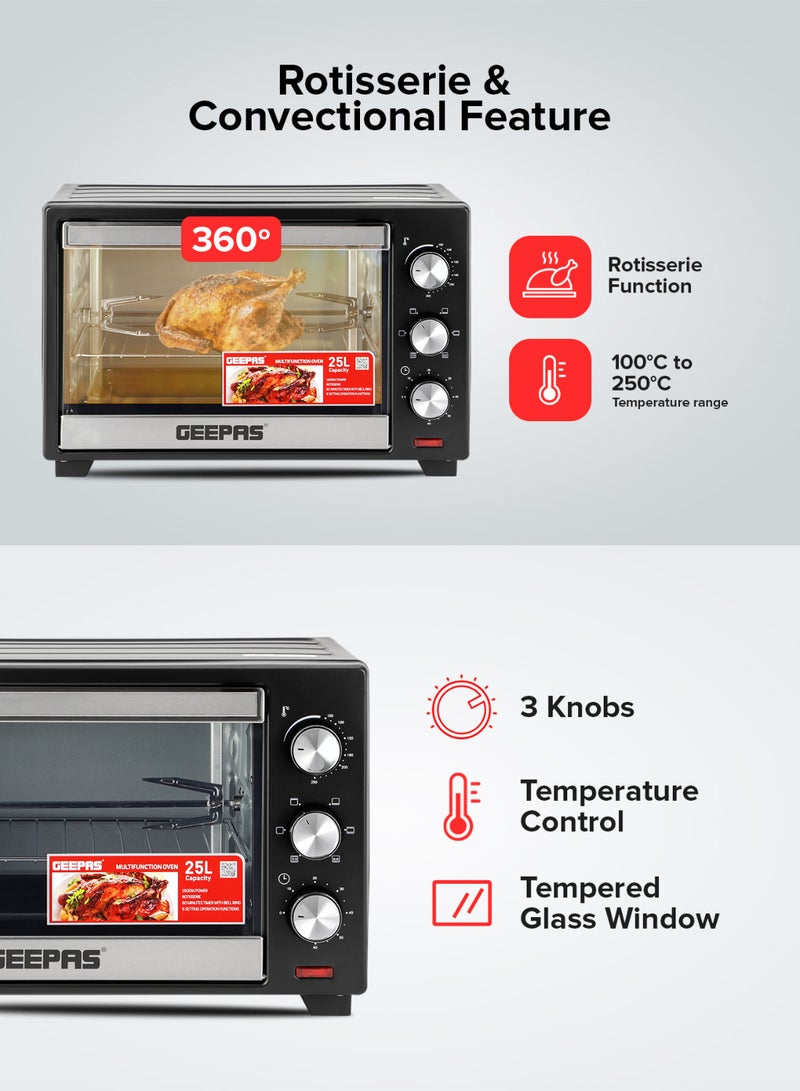 GEEPAS Electric Oven With Rotisserie, 60 Minutes Timer With Bell Ring, 100-250°C Adjustable Temperature, 6 Stages Heating Selector, Power Indicator Light, Accessories:-Food Tray, Tray Handle, Wire Rack, Rotisserie Handle, Rotisserie Fork 25 L 1600 W GO34040 Black  - Image 4