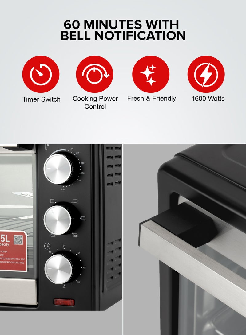 GEEPAS Electric Oven With Rotisserie, 60 Minutes Timer With Bell Ring, 100-250°C Adjustable Temperature, 6 Stages Heating Selector, Power Indicator Light, Accessories:-Food Tray, Tray Handle, Wire Rack, Rotisserie Handle, Rotisserie Fork 25 L 1600 W GO34040 Black  - Image 5