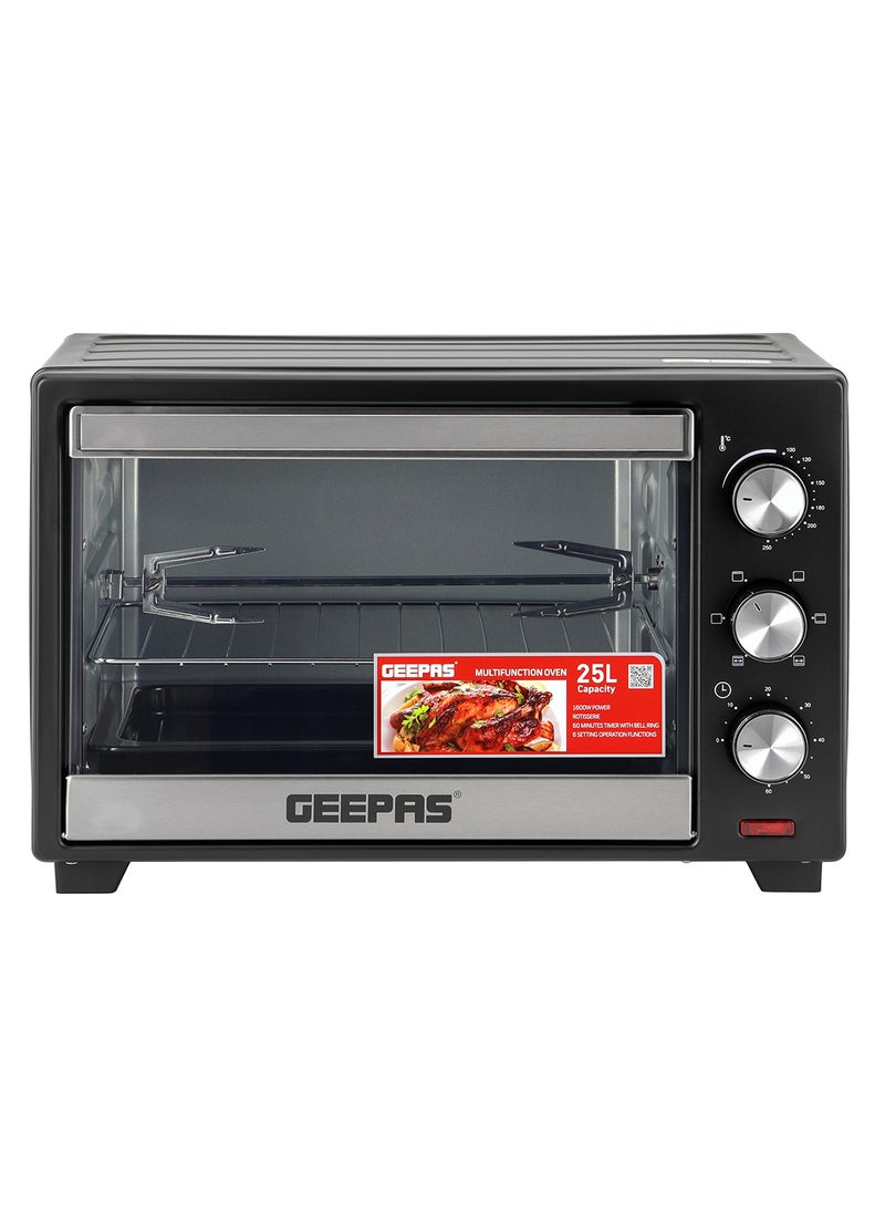 GEEPAS Electric Oven With Rotisserie, 60 Minutes Timer With Bell Ring, 100-250°C Adjustable Temperature, 6 Stages Heating Selector, Power Indicator Light, Accessories:-Food Tray, Tray Handle, Wire Rack, Rotisserie Handle, Rotisserie Fork 25 L 1600 W GO34040 Black - Image 1