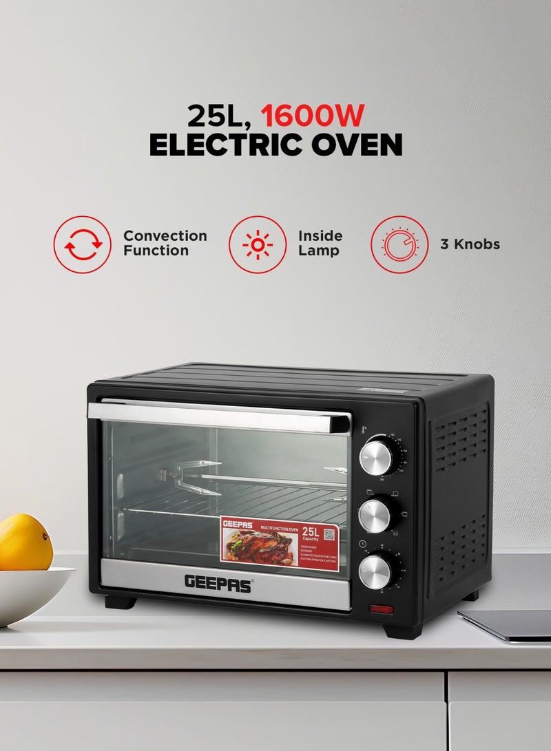 GEEPAS Electric Oven With Rotisserie, 60 Minutes Timer With Bell Ring, 100-250°C Adjustable Temperature, 6 Stages Heating Selector, Power Indicator Light, Accessories:-Food Tray, Tray Handle, Wire Rack, Rotisserie Handle, Rotisserie Fork 25 L 1600 W GO34040 Black - Image 3