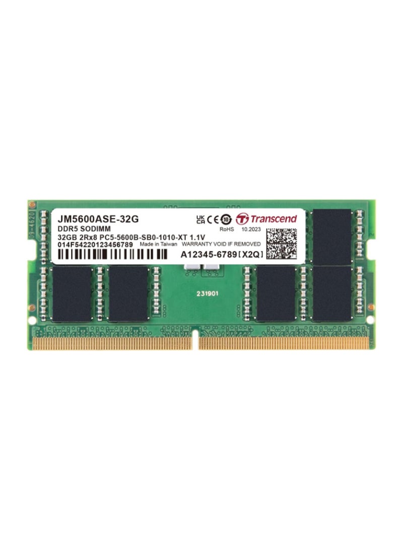 ترانسيند JetRAM JM5600ASE-32G 32GB DDR5-5600 SO-DIMM, 1.1 V, CL46, Dual-Rank, On-Die ECC, Unbuffered, 262-Pin, Laptop/Notebook Compatible | JM5600ASE-32G - Image 1