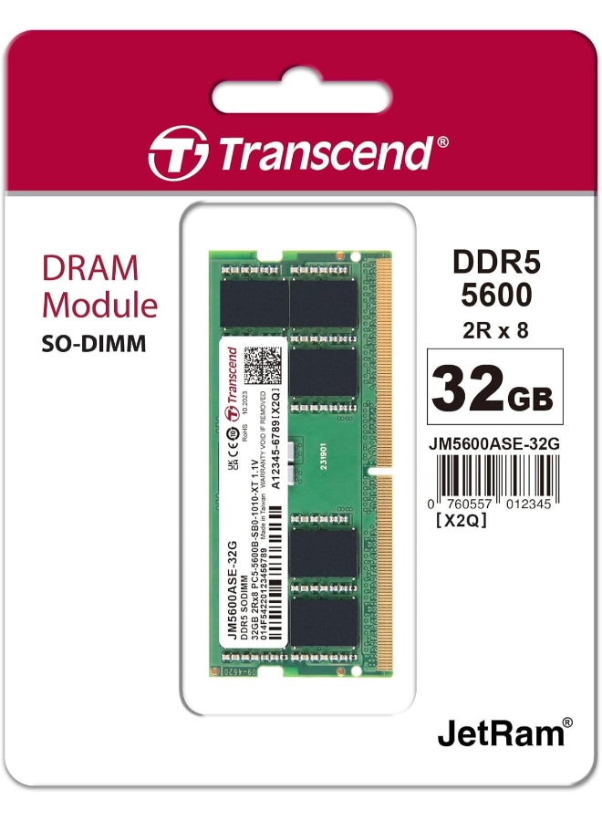ترانسيند JetRAM JM5600ASE-32G 32GB DDR5-5600 SO-DIMM, 1.1 V, CL46, Dual-Rank, On-Die ECC, Unbuffered, 262-Pin, Laptop/Notebook Compatible | JM5600ASE-32G - Image 2