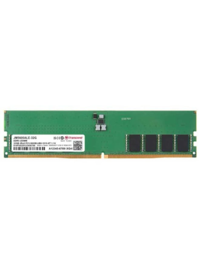 Transcend 32GB DDR5 5600MHz UDIMM Desktop RAM, CL46, PC5-44800, 288-Pin, 1.1V Low Power with Onboard PMIC, Dual Rank 2Rx8, On-Die ECC, JEDEC Standard, Unbuffered Memory Module | JM5600ALE-32G  - Image 1