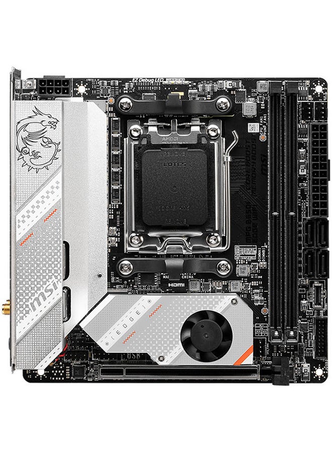 إم اس أي - لوحة أم MPG B650I EDGE WIFI AM5 Mini-ITX، شريحة AMD B650، فتحتان DDR5، ذاكرة بحد أقصى 64 جيجابايت، Wi-Fi 6E، شبكة LAN بسرعة 2.5 جيجابت في الثانية، فتحتان M.2، 1x PCI-E x16، 1x HDMI، USB 3.2/2.0 | 911-7D73-006 - Image 1